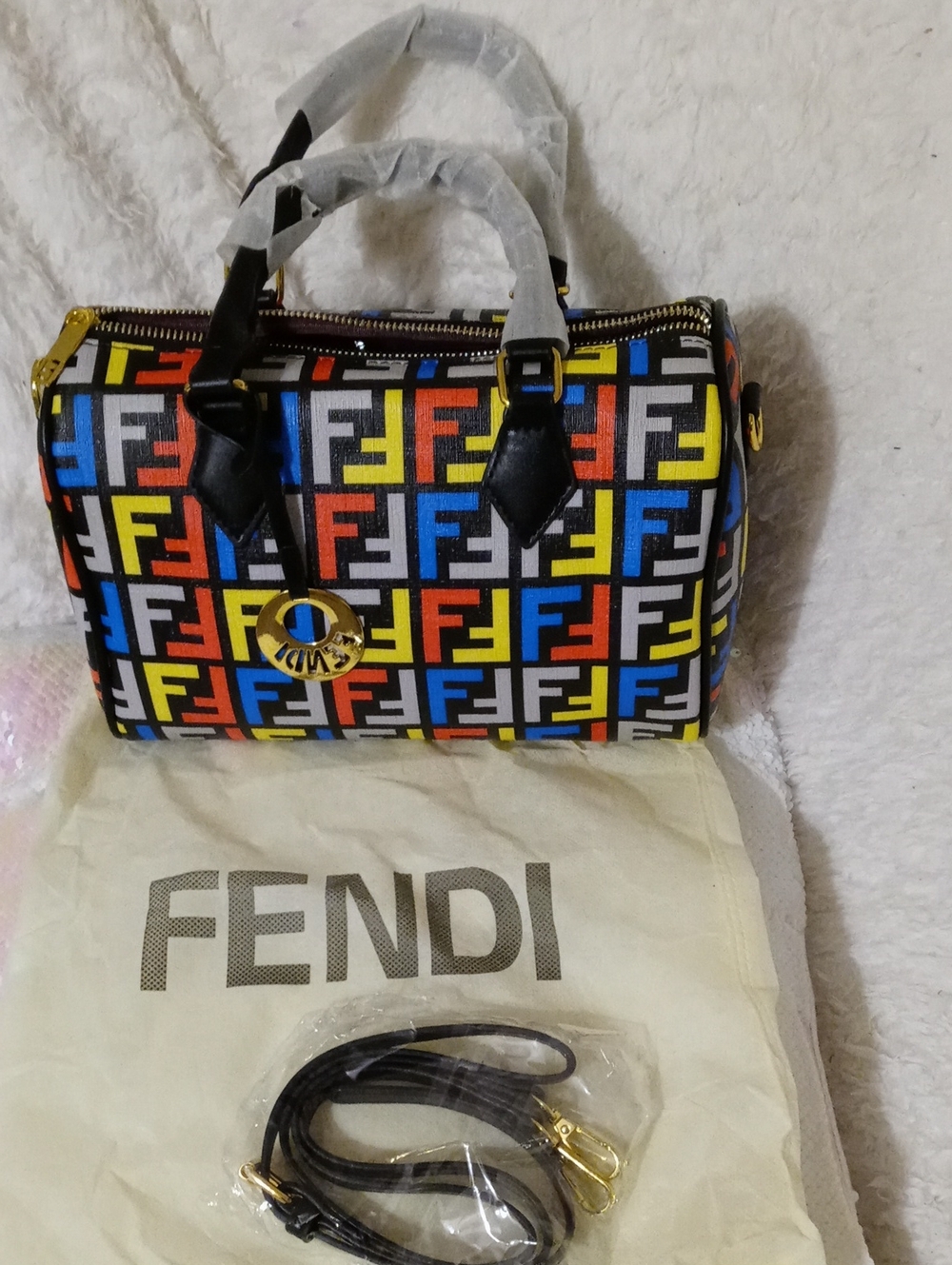 Fendi Multicolor FF Pattern Boston Bag with Black Trim